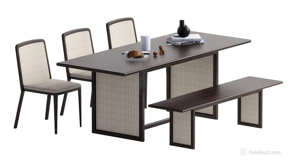 Dark Wood Rectangular Dining Table Set With Woven Back Chairs Bench And Rattan Details 3d model