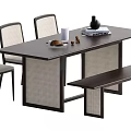 Dark Wood Rectangular Dining Table Set With Woven Back Chairs Bench And Rattan Details 3d model