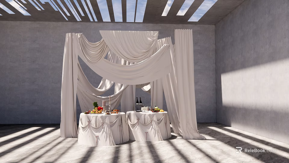 Elegant Indoor Event Setting With White Drapes Tables Fruits Wine And Skylight Shadows 3d model 