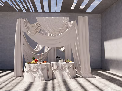 Elegant Indoor Event Setting With White Drapes Tables Fruits Wine And Skylight Shadows 3d model