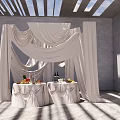Elegant Indoor Event Setting With White Drapes Tables Fruits Wine And Skylight Shadows