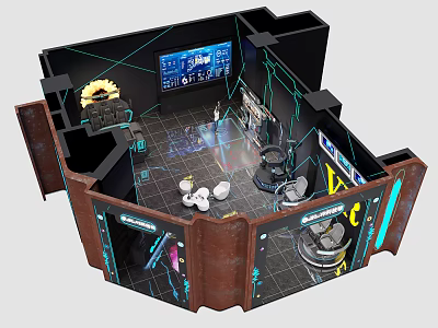 Futuristic Tech Room Interior With Digital Screens Control Panels And Devices 3d model