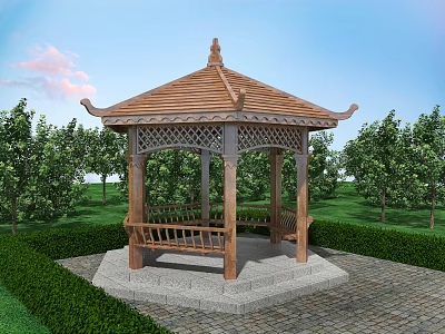 Chinese Style Wooden Pavilion with Roof and Seats in Garden with Greenery and Blue Sky 3d model