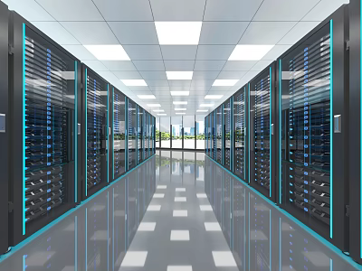 Modern Data Center Interior With Rows of Server Racks Shiny Floor and Ceiling Lights 3d model