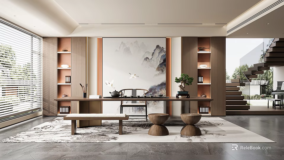 Traditional Tea Room Interior With Mountain Painting Wooden Shelves Tea Table Potted Plant And Bench 3d model 