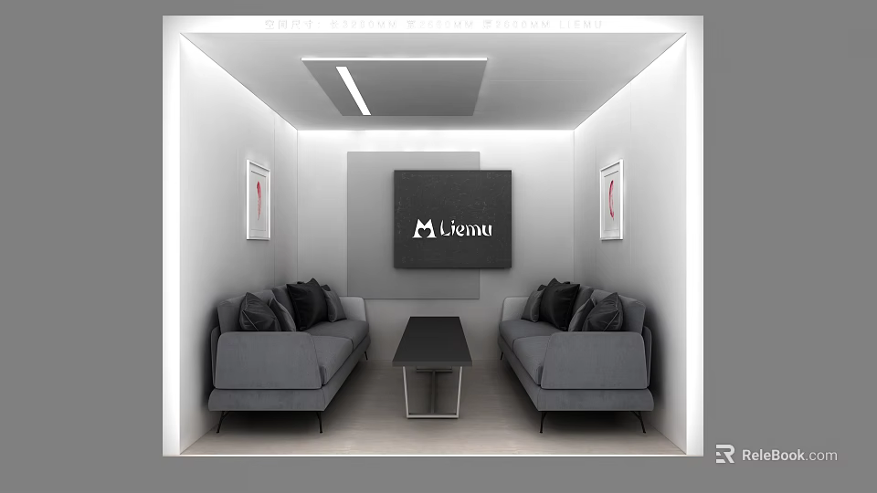 Modern Lounge Area With Gray Sofas Black Coffee Table TV And Wall Paintings 3d model 