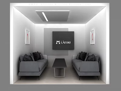 Modern Lounge Area With Gray Sofas Black Coffee Table TV And Wall Paintings 3d model