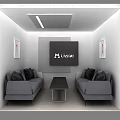 Modern Lounge Area With Gray Sofas Black Coffee Table TV And Wall Paintings