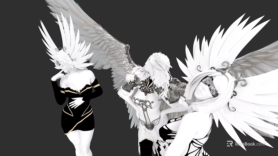 Women With White Wings In Elegant Costumes For Fantasy Mythical Scene 3d model 
