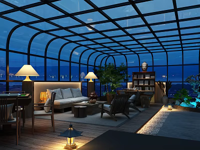 Modern Rooftop Garden With Glass Roof Sofa Bookshelf Tables Chairs Plants And Night View 3d model