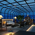 Modern Rooftop Garden With Glass Roof Sofa Bookshelf Tables Chairs Plants And Night View