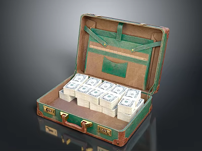 Open Green Leather Suitcase Filled With Stacked US Dollar Bills 3d model