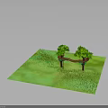 Green Grassland Featuring Wooden Bench And Two Trees In Scenic View