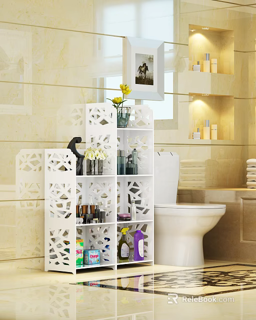White Bathroom Decorative Cabinet With Carved Design And Multiple Shelves Storing Toiletries And Decorative Items 3d model 