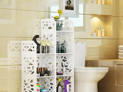 White Bathroom Decorative Cabinet With Carved Design And Multiple Shelves Storing Toiletries And Decorative Items 3d model