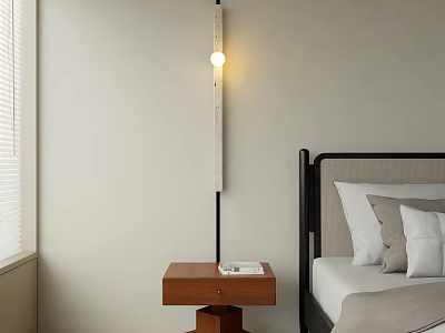 Modern Wall Lamp Illuminating Cozy Bedroom with Bed Wooden Nightstand and Natural Light 3d model