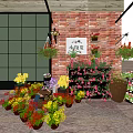 Flower Shop With Red Brick Wall Striped Awning And Colorful Potted Plants
