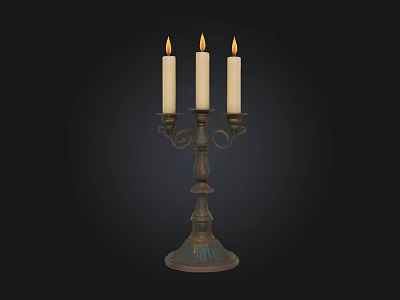 Vintage Metal Candelabra With Three Lit Candles And Decorative Base 3d model