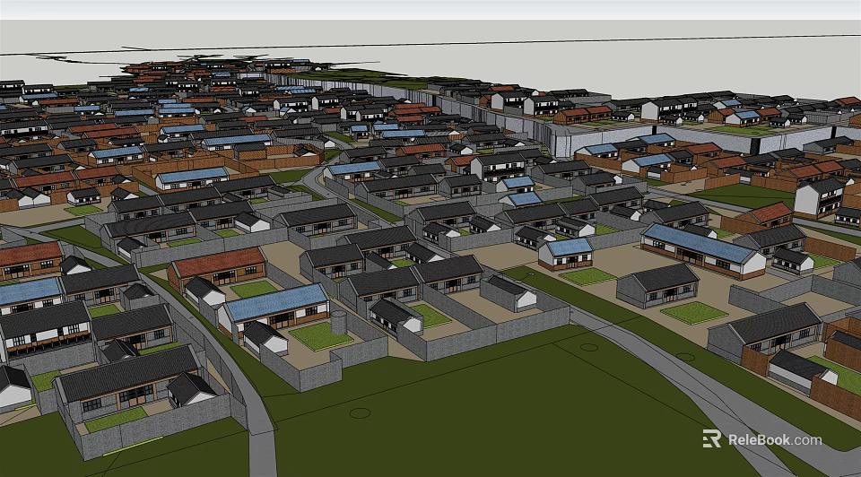 Aerial View Of Dense Residential Housing Area With Roads And Green Spaces 3d model 