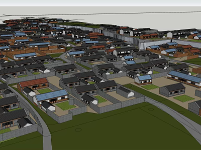 Aerial View Of Dense Residential Housing Area With Roads And Green Spaces 3d model