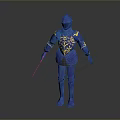 3D Model of Blue Knight Armor With Golden Decorative Details And Metallic Finish
