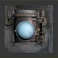 Vintage Rusty Industrial Metal Device With Blue Dome On Concrete Base