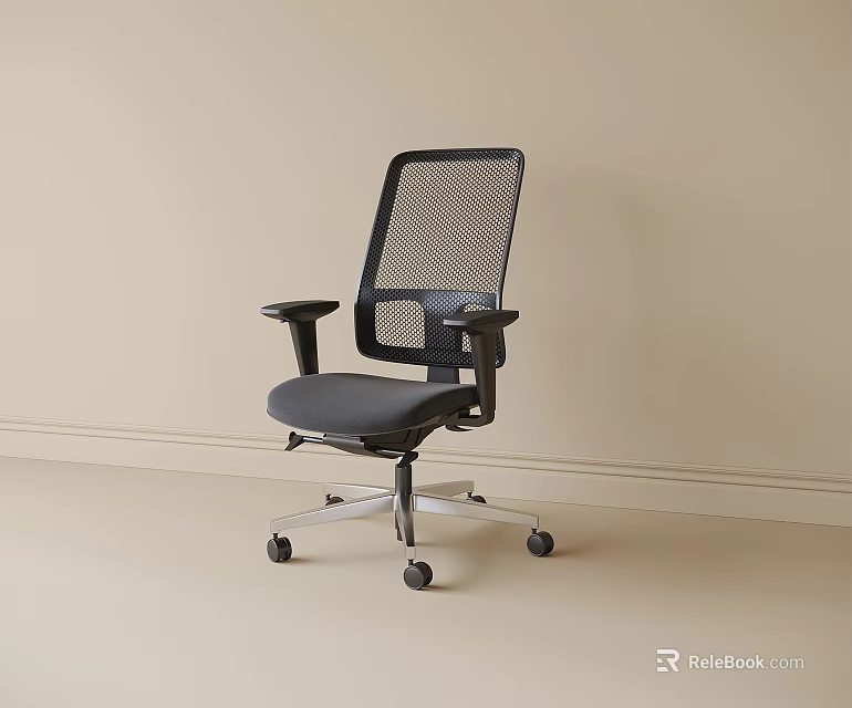 Modern Office Chair With Mesh Backrest Gray Seat Cushion Armrests And Silver Base With Wheels 3d model 