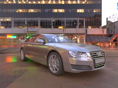 Silver Audi Car Parked In Urban City Street With Night Lights 3d model