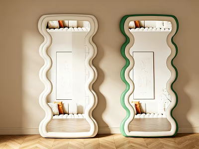Wavy Design Mirrors with White and Green Frames in Modern Living Room Interior 3d model