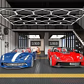 Luxury Car Dealership Showroom With Blue Red Sports Cars Wheel Rims And Geometric Ceiling