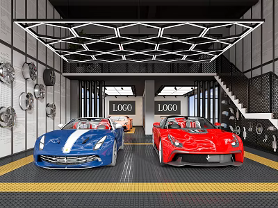 Luxury Car Dealership Showroom With Blue Red Sports Cars Wheel Rims And Geometric Ceiling 3d model