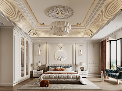 Elegant Bedroom Interior With Carved Ceiling White Chandelier Paneled Walls And Blue Armchair 3d model