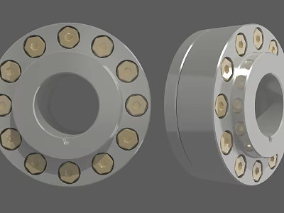 Pair of Industrial Metal Bearings with Golden Bolts and Circular Housing 3d model