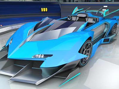 Blue Futuristic Concept Sports Car With Streamlined Aerodynamic Design And Open Cockpit 3d model