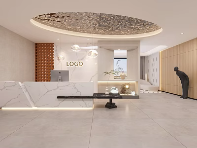Modern Reception Area Interior Design With Marble Countertop Hanging Lights And Wooden Accents 3d model
