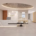Modern Reception Area Interior Design With Marble Countertop Hanging Lights And Wooden Accents