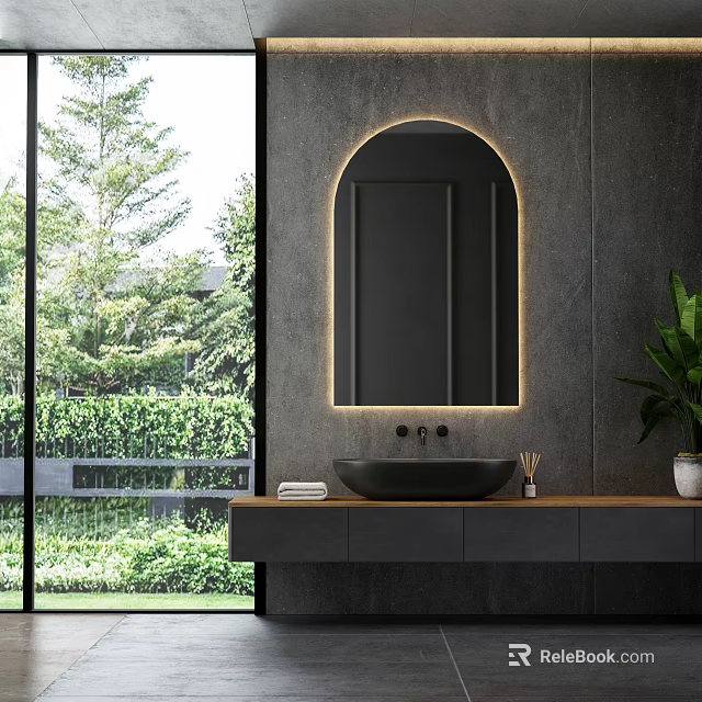 Other Bathroom With Gray Walls Arched Lit Mirror Black Basin And Outdoor Greenery View 3d model 