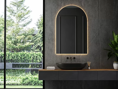 Other Bathroom With Gray Walls Arched Lit Mirror Black Basin And Outdoor Greenery View 3d model