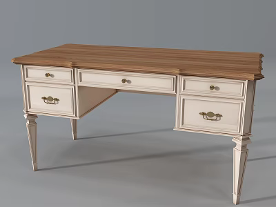 Classic Wooden Desk With White Drawers Golden Handles And Elegant Legs 3d model