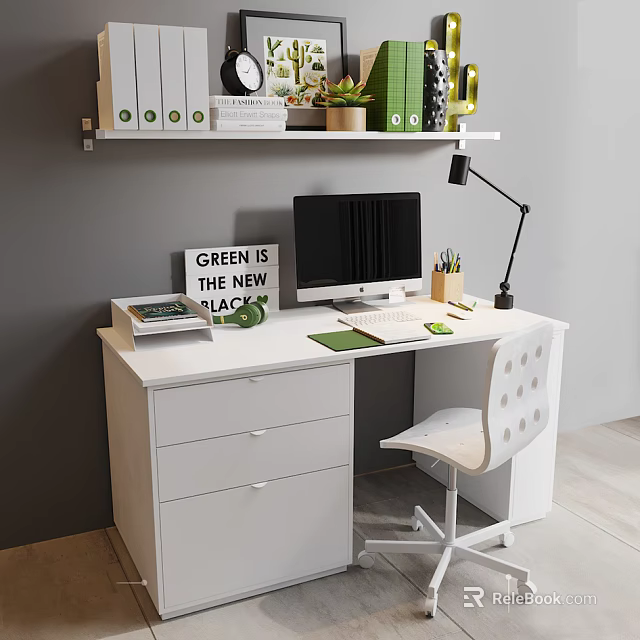 Modern White Desk With Drawers Computer Monitor Lamp Green Plant And Green Folders On Shelf 3d model 