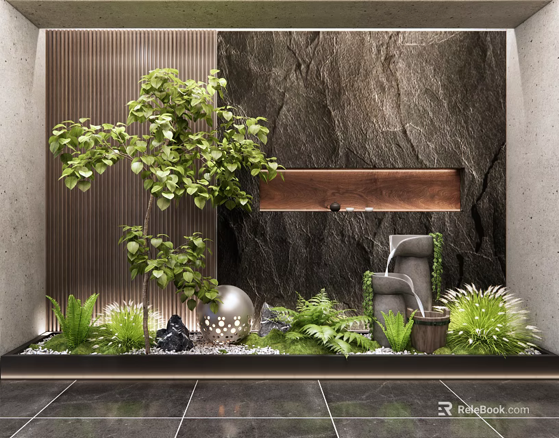 Modern Indoor Landscape With Green Plants Stone Wall Wooden Decor And Stone Sphere 3d model 