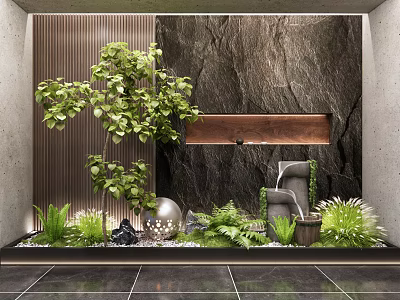 Modern Indoor Landscape With Green Plants Stone Wall Wooden Decor And Stone Sphere 3d model