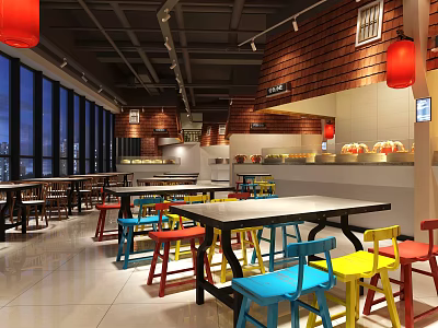 Vibrant Restaurant Interior with Red Lanterns Large Windows Colorful Chairs Brick Walls and Buffet Area 3d model