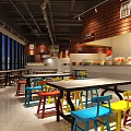 Vibrant Restaurant Interior with Red Lanterns Large Windows Colorful Chairs Brick Walls and Buffet Area