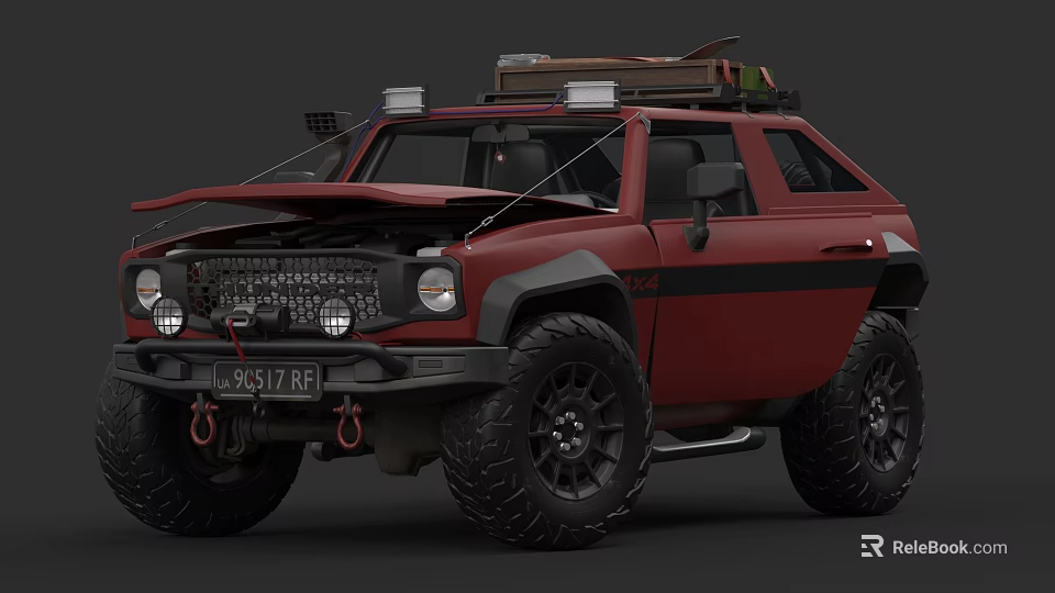Red Modified Off Road Car With Roof Rack Luggage Front Grille And Large Tires 3d model 