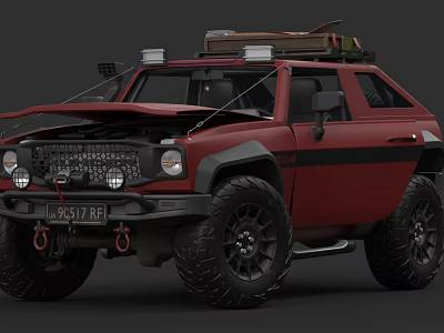Red Modified Off Road Car With Roof Rack Luggage Front Grille And Large Tires 3d model