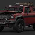 Red Modified Off Road Car With Roof Rack Luggage Front Grille And Large Tires