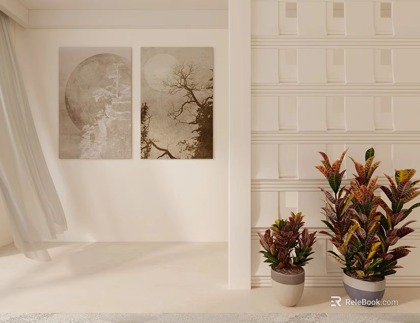 Modern White Partition With Vertical Stripes Design On Wall Featuring Decorative Paintings And Plants 3d model 
