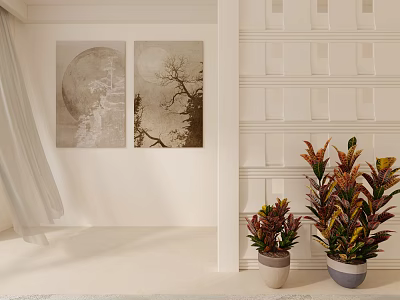 Modern White Partition With Vertical Stripes Design On Wall Featuring Decorative Paintings And Plants 3d model