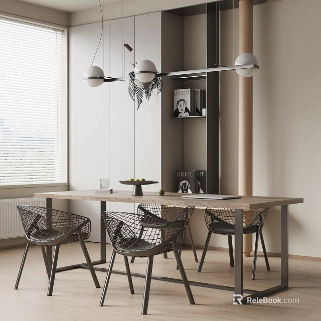 Modern Dining Table Set with Woven Chairs and Hanging Pendant Lights in Light Wood Interior 3d model 
